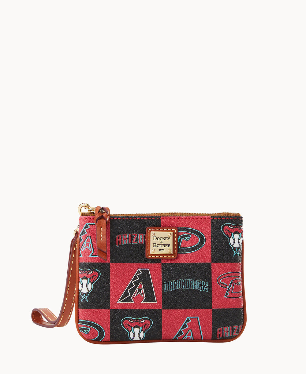 A small wristlet pouch with a brown leather strap and trim, featuring a red and black checkerboard pattern with multiple Arizona Diamondbacks baseball team logos and a Dooney & Bourke label on the front.