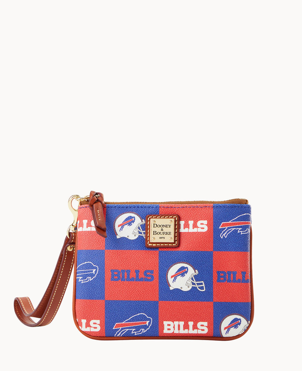 A small wristlet pouch featuring a red and blue checkerboard pattern with the Buffalo Bills logo, football helmets, and the word BILLS, with a leather strap and gold hardware.
