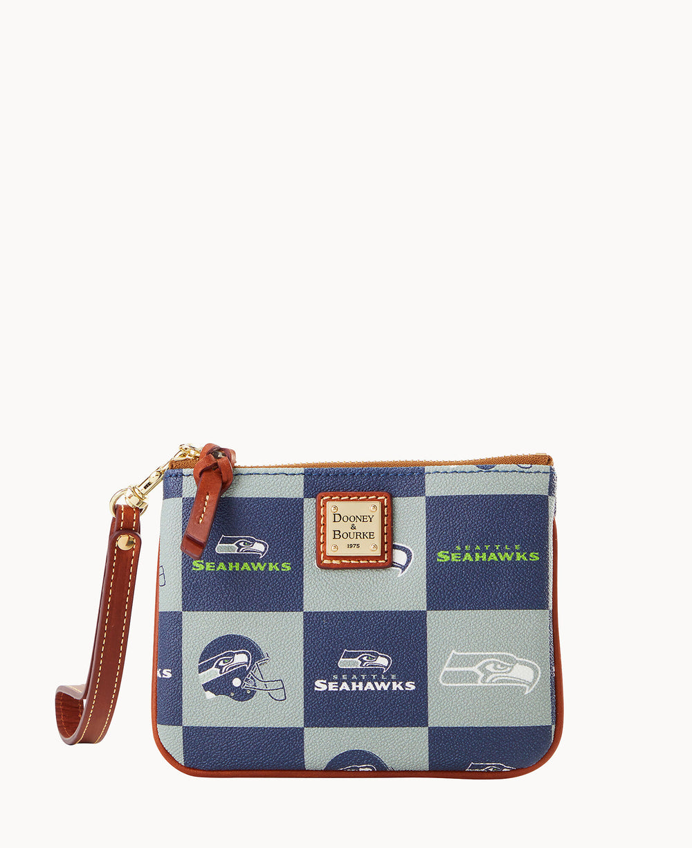Blue and gray checkered Seattle Seahawks wristlet featuring team helmets and logos with brown leather strap
