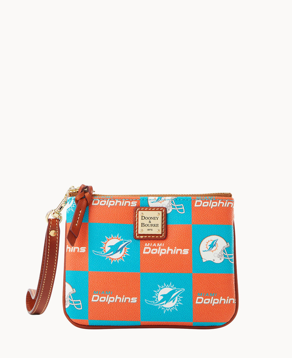 A small wristlet pouch with a Miami Dolphins logo and football helmet pattern in orange, teal, and white, featuring a brown leather zipper pull and a Dooney & Bourke label on the front.