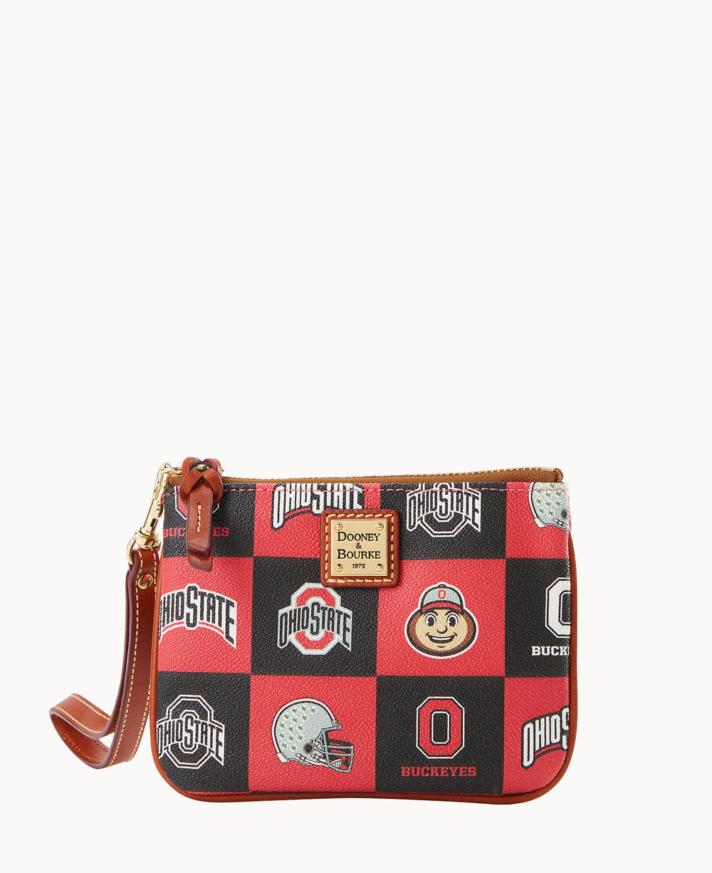 Rectangular wristlet featuring a red and black checkered pattern with Ohio State logos, Brutus Buckeye mascot, football helmets, and a tan leather strap and trim.