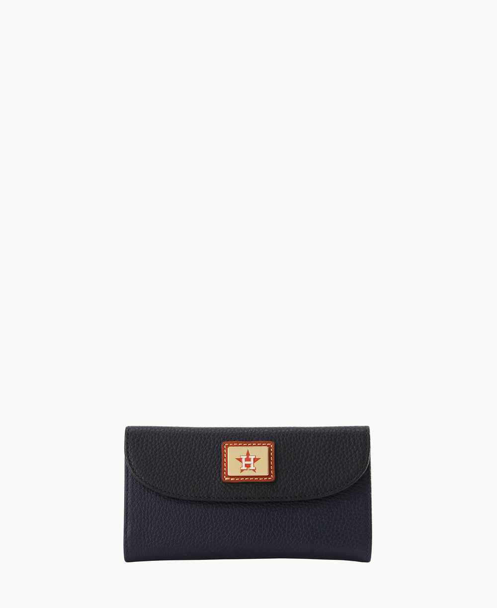 A navy blue textured leather wallet with a brown and cream rectangular logo patch on the front flap, displayed against a plain white background.
