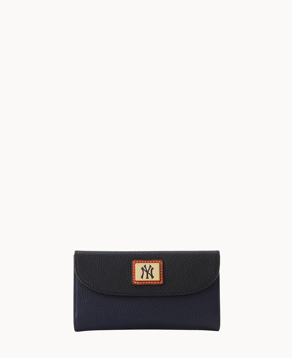 A black textured wallet with a curved flap, featuring a rectangular emblem with the letters NY on the front center, displayed against a plain white background.