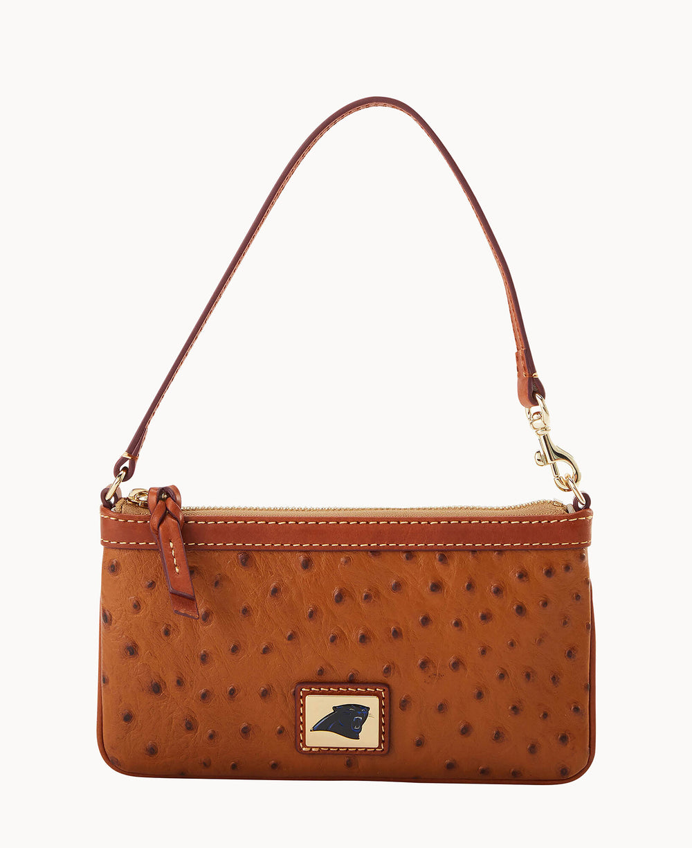 Brown textured ostrich leather shoulder purse featuring Carolina Panthers logo, contrast stitching, and tassel detail