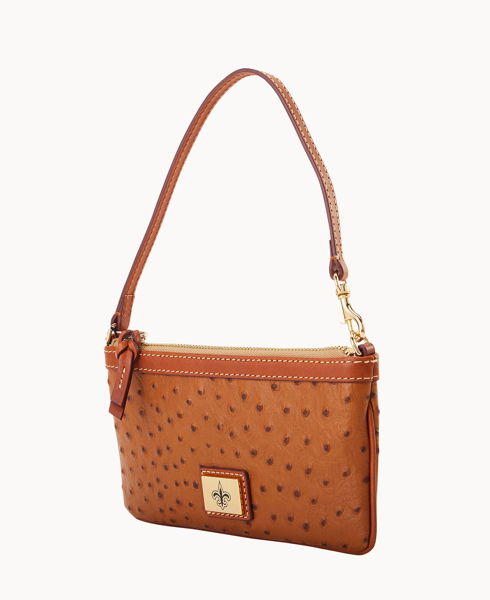 A small, brown, faux ostrich leather handbag with a short strap, gold-tone hardware, and a square emblem featuring a fleur-de-lis on the front. The bag has visible stitching and a zipper closure.