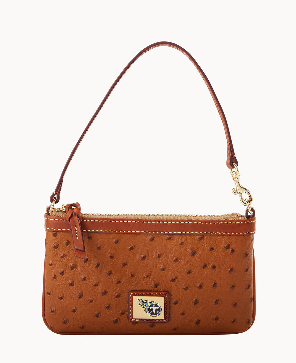 A small brown leather wristlet purse with a textured, dotted pattern, zip closure, gold hardware, and a short strap. A rectangular logo with a horse design is on the front.