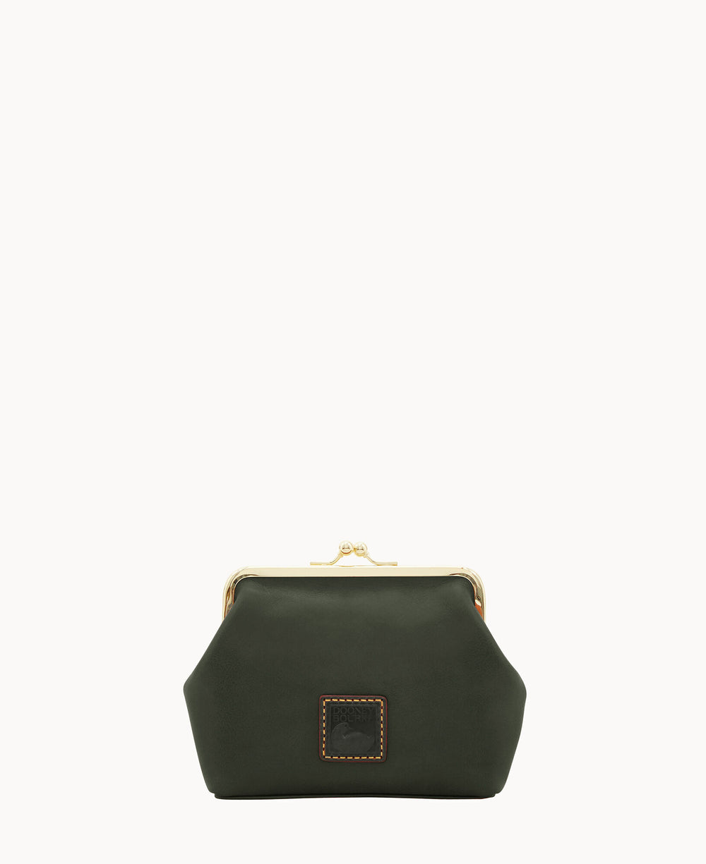 A dark green leather coin purse with a gold metal clasp and a small rectangular patch on the front, set against a plain white background.