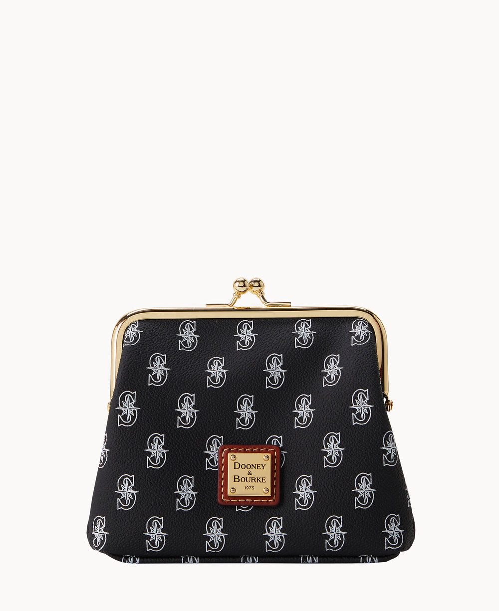 A black coin purse with a gold clasp, featuring a repeating white S logo pattern and a brown Dooney & Bourke label on the front.