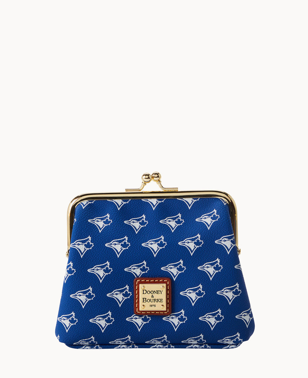 A blue Dooney & Bourke coin purse features a repeating Toronto Blue Jays logo pattern, a gold-tone clasp closure, and a rectangular leather logo patch on the front.