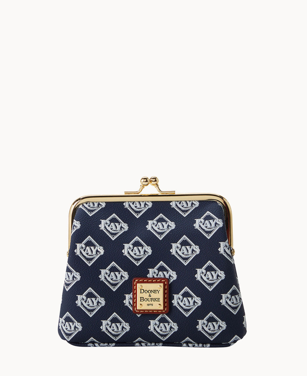 A navy blue coin purse with a gold clasp, decorated with repeating white Tampa Bay Rays logos and a brown Dooney & Bourke label on the front.