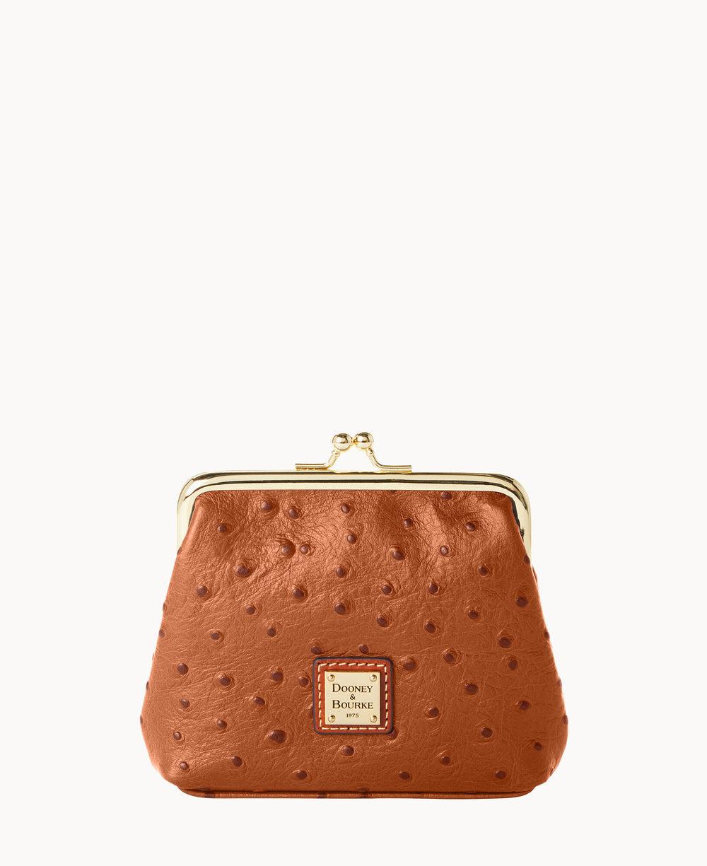 A brown Dooney & Bourke coin purse with a textured, ostrich-like pattern, gold clasp closure, and a gold-framed top, displayed against a white background.