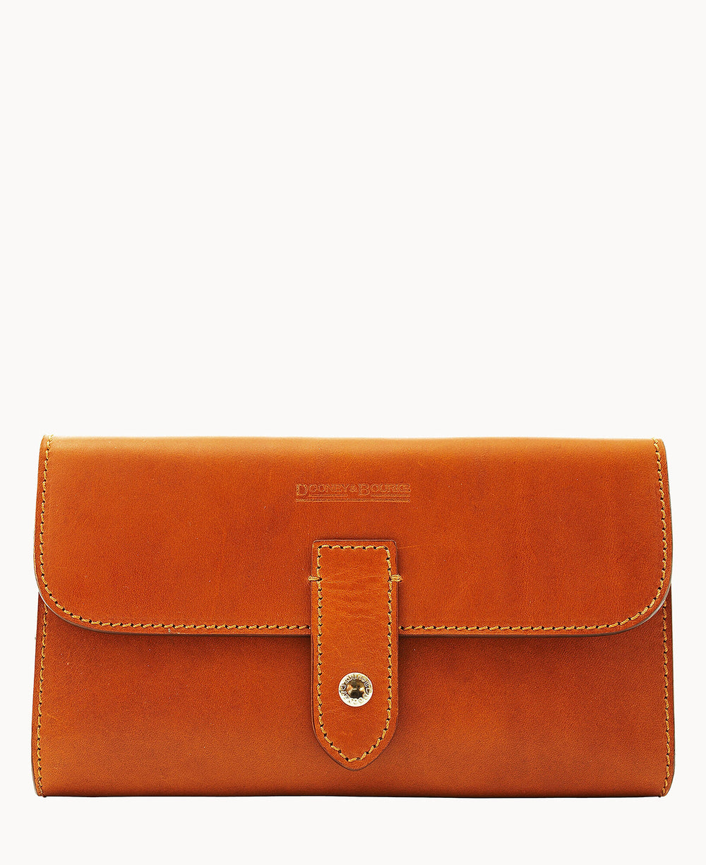 A tan leather wallet with a buttoned strap closure, visible stitching, and embossed branding on the front. The wallet has a smooth finish and is photographed against a plain white background.