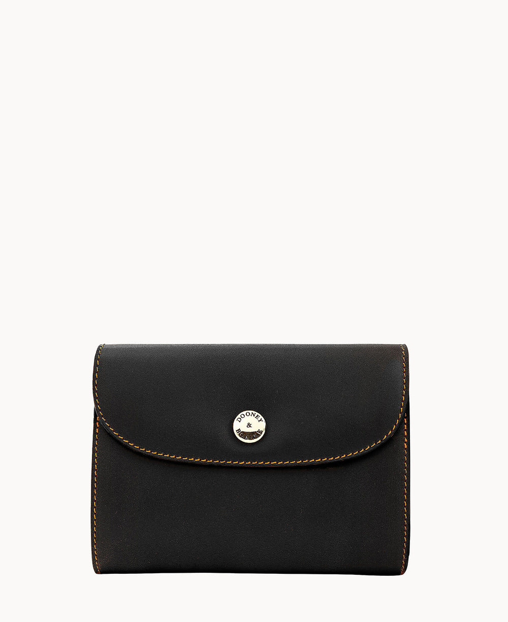 A black leather wallet with a flap closure, featuring tan stitching along the edges and a round silver button in the center embossed with the brand name JOURNEY. The background is plain white.