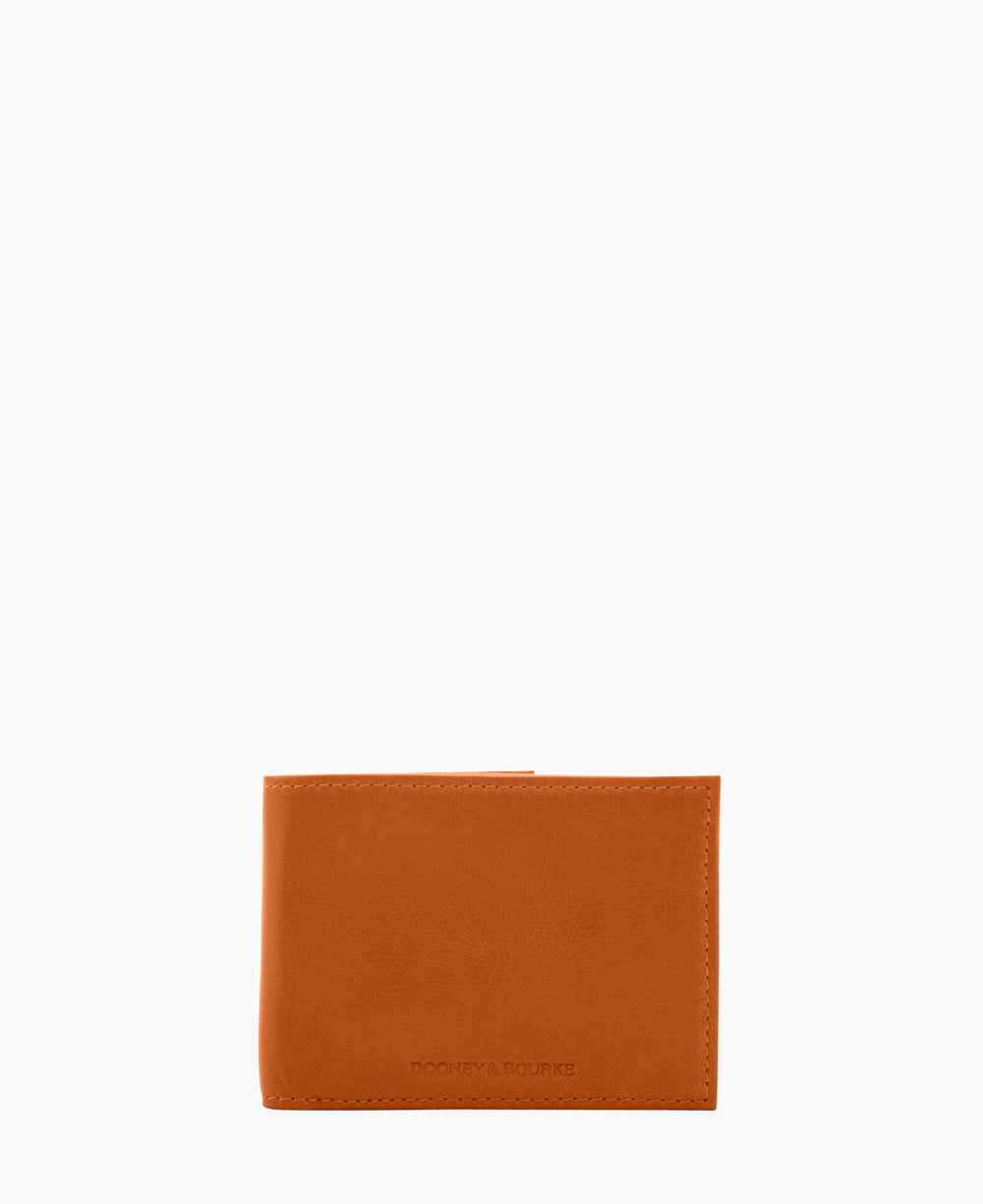 A tan leather bifold wallet stands upright against a plain white background. The wallet has visible stitching along the edges and a subtle Dooney & Bourke logo embossed on the lower front.