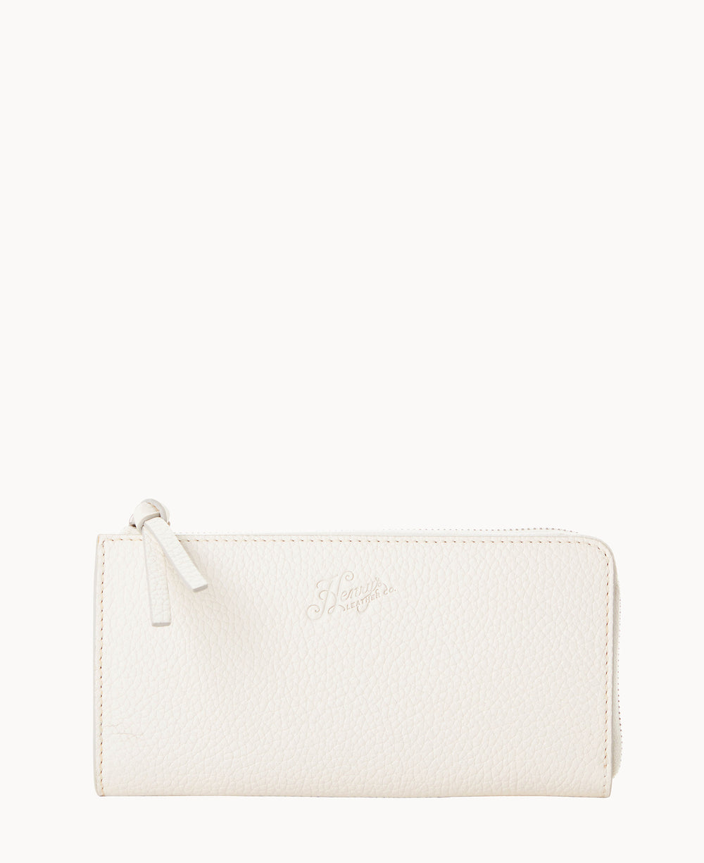 A white leather zippered wallet with a textured finish, featuring a small embossed logo on the front and a matching zipper pull tab.