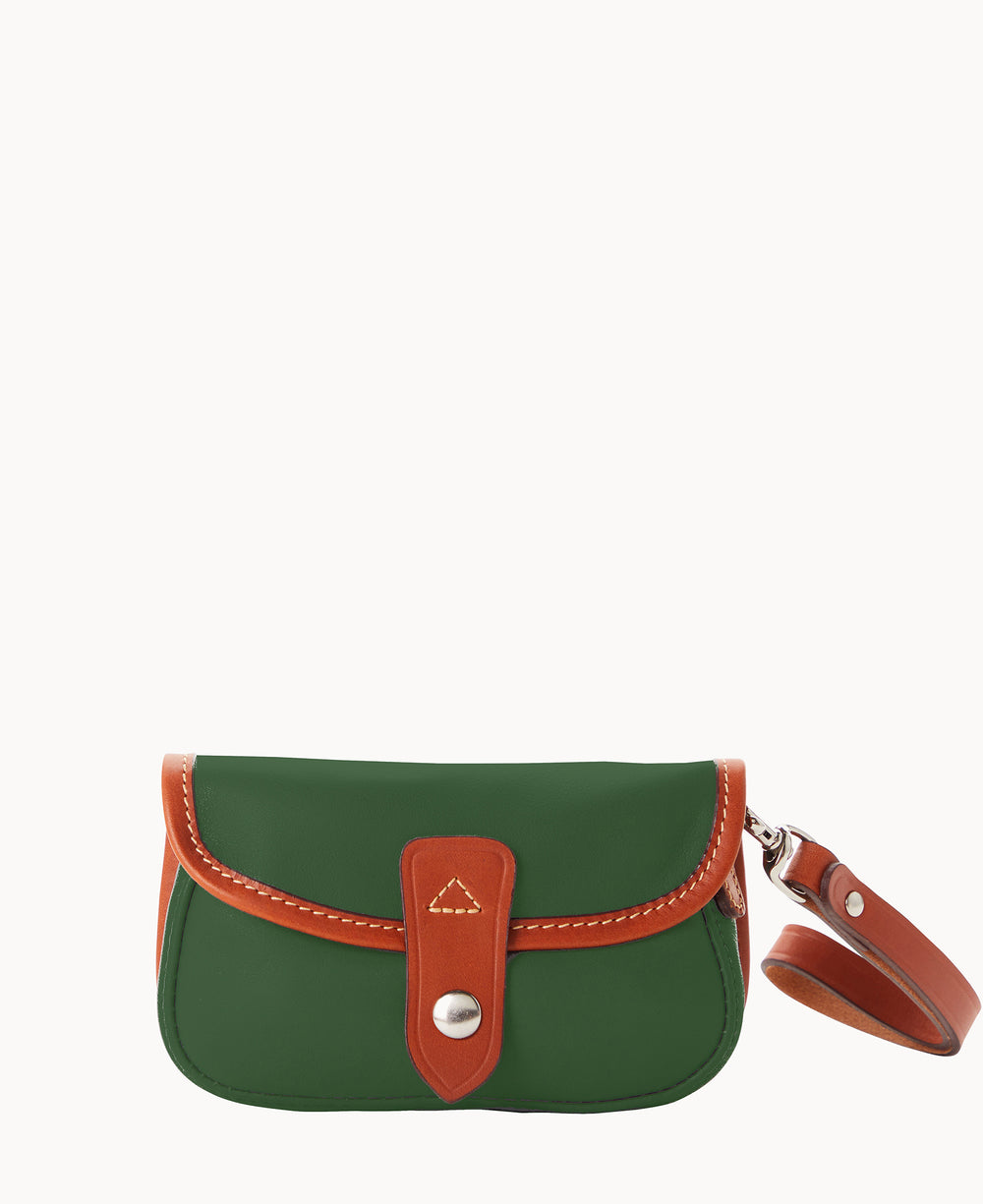 A small green pouch with brown leather trim, white stitching, a snap button closure, and a matching brown leather wrist strap attached on the right side.