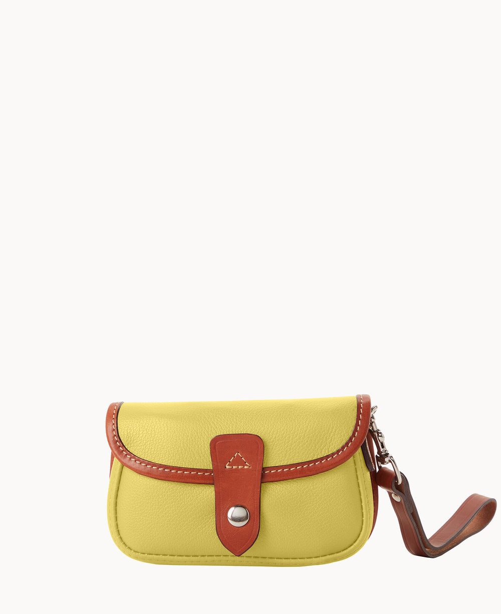 A small yellow wristlet pouch with a brown leather trim, button snap closure, and a matching brown wrist strap, set against a plain white background.