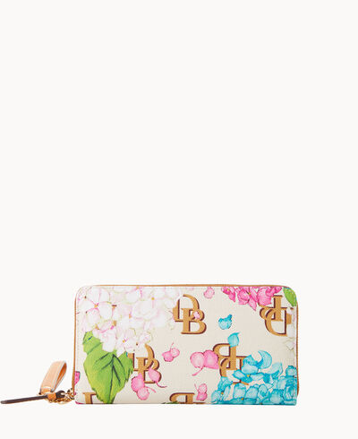 Hydrangea Monogram Large Zip Around Wristlet